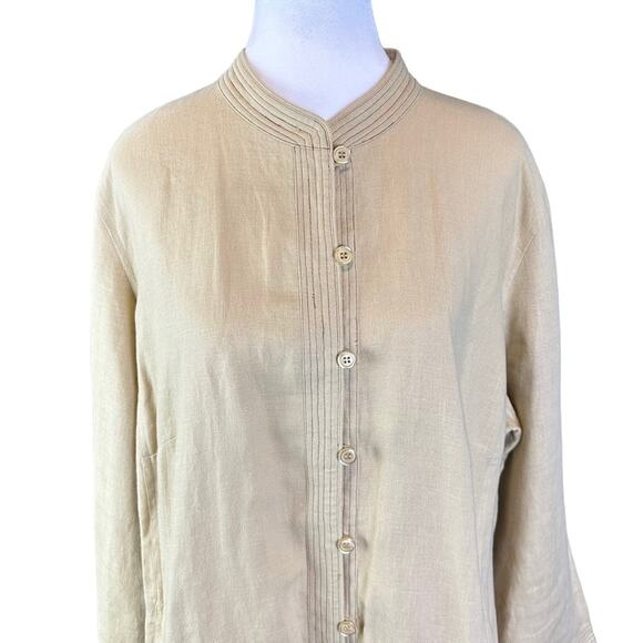 Bridgewater Studio Linen Tunic Sz 18W Mandarin Collar Side Pockets Tan - Picture 2 of 8
